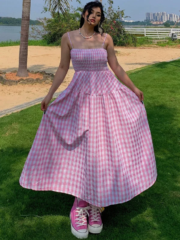 Nala Plus Size Picnic Plaid Pink Spaghetti Strap Long Dress + Solid Color White Long Sleeve Mesh Cardigan Matching Set Houndstooth Herringbone Solid