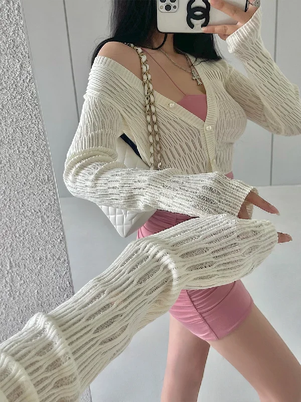 Palma Solid Color V-neck Button Up Knitted Cardigan Long Sleeve Top Stylish Fashionable Trendy