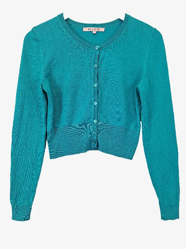 Review Teal Afternoon Tea Knit Cardigan Size 10 Iron Safe Non-Iron Wrinkle Free