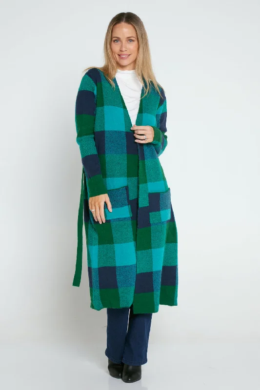 Swift Wraparound Oversized Tie Waist Cardigan - Green/Blue Check Bright Pastel Dark