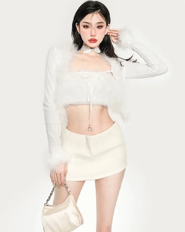 Vanessa Solid Color Faux Fur Patchwork Tube Top Long Sleeve Cardigan Top Set Boat Neck Shawl Collar Notched Collar