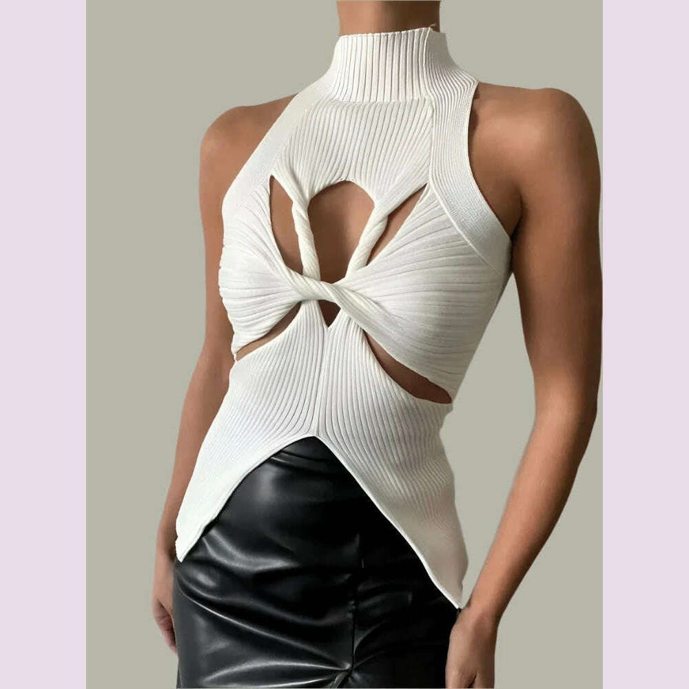 VGH Fashion Minimalist Hollow Out Solid Sexy Tank Tops For Women Stand Collar Sleeveless Off Shoulder Irregular Vest Female New flowy tank top