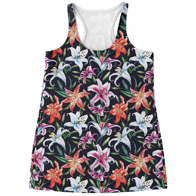Watercolor Lily Flowers Pattern Print Women's Racerback Tank Top soft pink tank