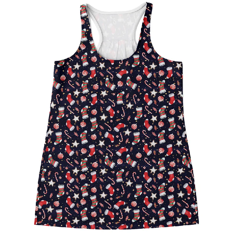 Watercolor Merry Christmas Pattern Print Women's Racerback Tank Top ivory tank top