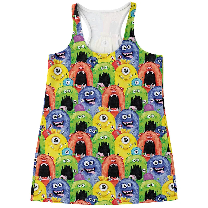 Watercolor Monster Pattern Print Women's Racerback Tank Top navy tank top
