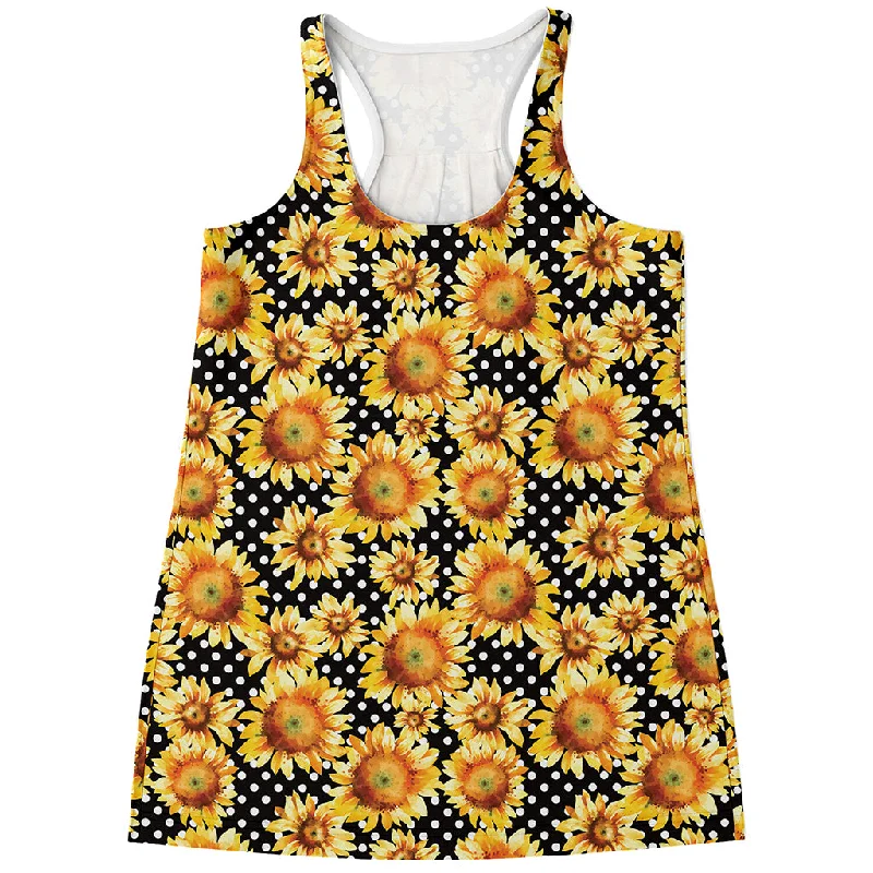 Watercolor Polka Dot Sunflower Print Women's Racerback Tank Top graphic tank top