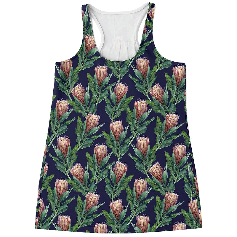 Watercolor Protea Pattern Print Women's Racerback Tank Top cold shoulder tank