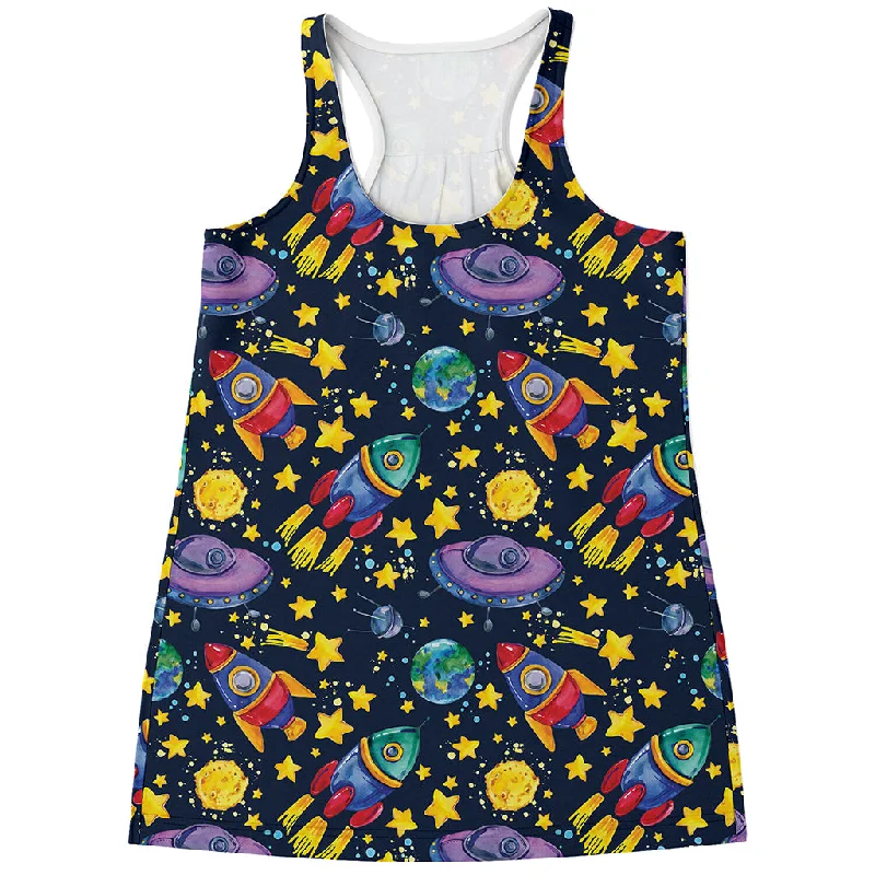Watercolor Rocket Pattern Print Women's Racerback Tank Top white tank top