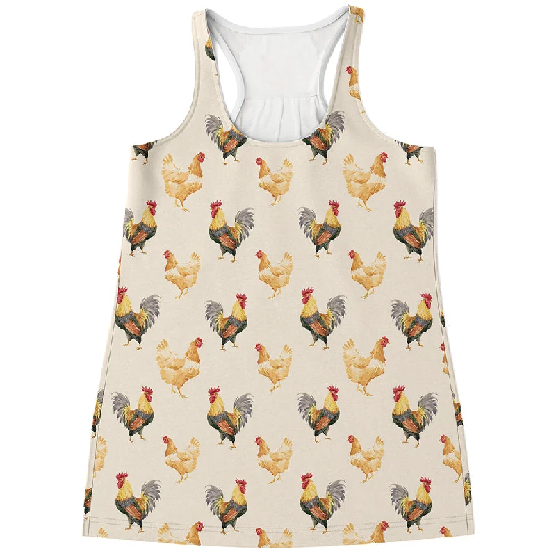 Watercolor Rooster Pattern Print Women's Racerback Tank Top lemon yellow tank