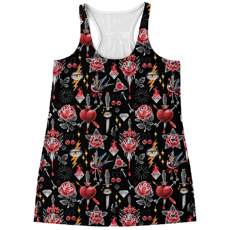 Watercolor Tattoo Print Women's Racerback Tank Top off shoulder tank
