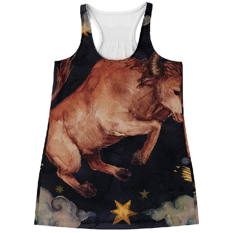 Watercolor Taurus Zodiac Sign Print Women's Racerback Tank Top spandex blend tank