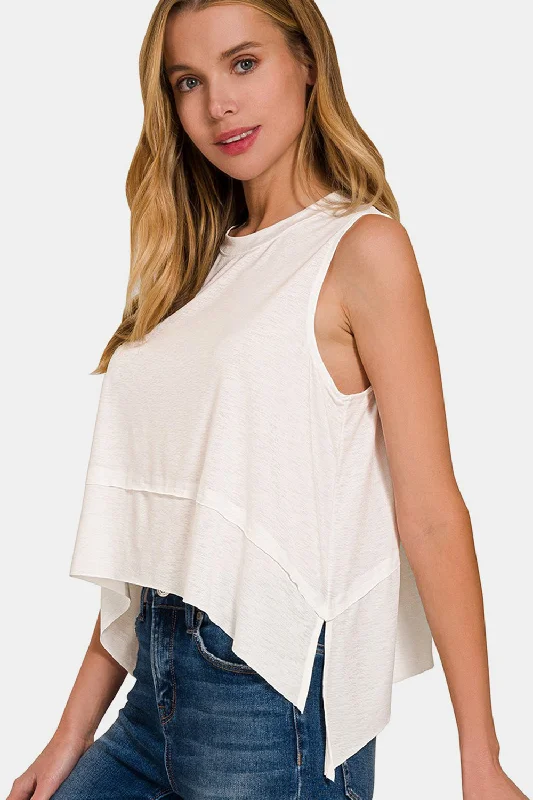 Zenana Slit High-Low Round Neck Tank cutout tank top